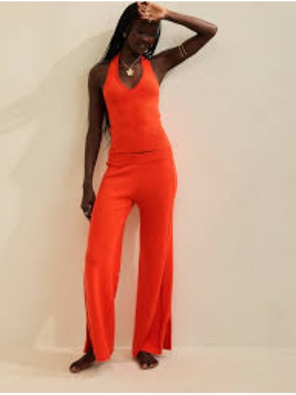 aerie Orange Halter Neck Wide-Leg Jumpsuit